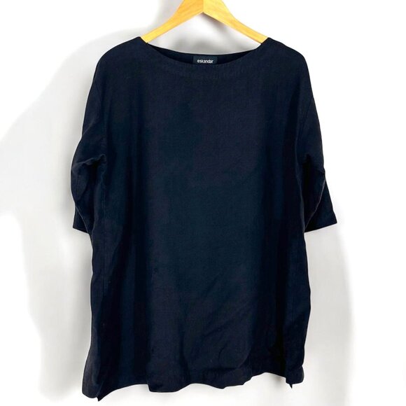 Eskandar Black 100% Linen Tunic Top Size 0 Boat Neck 3/4 Sleeve Lagenlook - Picture 1 of 6